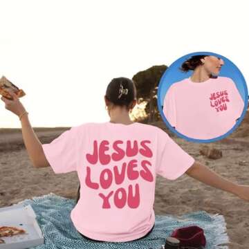 Kelxjia Christian Jesus Shirts for Women Oversized Jesus Loves You Tshirts Religious Faith Shirt Ins...
