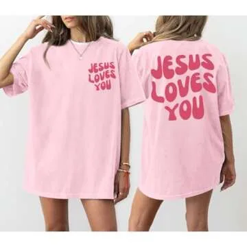 Kelxjia Christian Jesus Shirts for Women Oversized Jesus Loves You Tshirts Religious Faith Shirt Inspirational Graphic Tees(Light Pink,M)