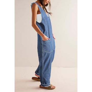 Pink Queen Women's Retro Revolt Dungaree Utility Denim Jumpsuit Overalls Scoop Neck Wide Legs Baggy One Piece Jean Overall Jumpsuits Light Blue M