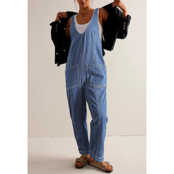 Pink Queen Women's Retro Revolt Dungaree Utility Denim Jumpsuit Overalls Scoop Neck Wide Legs Baggy One Piece Jean Overall Jumpsuits Light Blue M