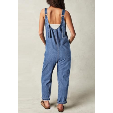 Pink Queen Women's Retro Revolt Dungaree Utility Denim Jumpsuit Overalls Scoop Neck Wide Legs Baggy One Piece Jean Overall Jumpsuits Light Blue M