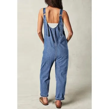 Pink Queen Women's Retro Revolt Dungaree Utility Denim Jumpsuit Overalls Scoop Neck Wide Legs Baggy One Piece Jean Overall Jumpsuits Light Blue M