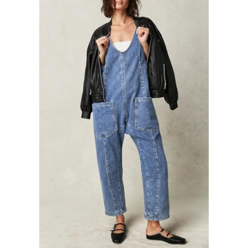 Pink Queen Women's Retro Revolt Dungaree Utility Denim Jumpsuit Overalls Scoop Neck Wide Legs Baggy One Piece Jean Overall Jumpsuits Light Blue M