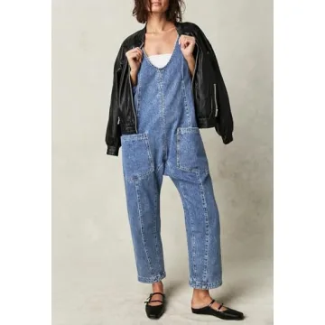 Pink Queen Women's Retro Revolt Dungaree Utility Denim Jumpsuit Overalls Scoop Neck Wide Legs Baggy One Piece Jean Overall Jumpsuits Light Blue M