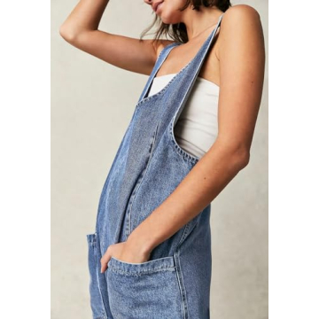 Pink Queen Women's Retro Revolt Dungaree Utility Denim Jumpsuit Overalls Scoop Neck Wide Legs Baggy One Piece Jean Overall Jumpsuits Light Blue M