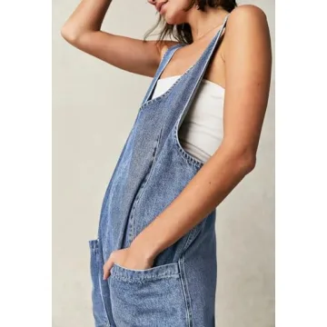 Pink Queen Women's Retro Revolt Dungaree Utility Denim Jumpsuit Overalls Scoop Neck Wide Legs Baggy One Piece Jean Overall Jumpsuits Light Blue M