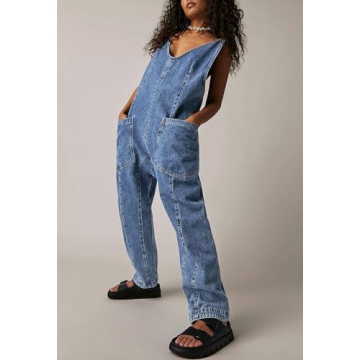 Pink Queen Women's Retro Revolt Dungaree Utility Denim Jumpsuit Overalls Scoop Neck Wide Legs Baggy One Piece Jean Overall Jumpsuits Light Blue M