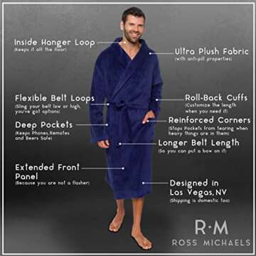 Ross Michaels Mens Robe Shawl Collar Wrap Style - Mid Length Plush Fleece Bathrobe (Midnight Blue, Large/X-Large)