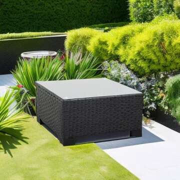 Rattaner Patio Furniture Wicker Coffee Table Outdoor Garden Square Side Table with Tempered Glass Top Black