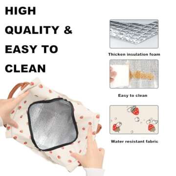 Joymee Lunch Bag Women Insulated Lunch Box Reusable Leakproof Large Spacious Cooler Tote for Women Men Adult with Bottle Holder and Side Pockets for Work Office Travel Picnic - Strawberry