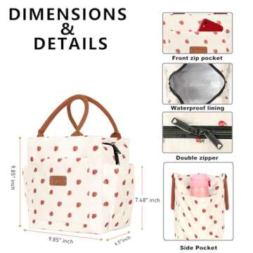 Joymee Lunch Bag Women Insulated Lunch Box Reusable Leakproof Large Spacious Cooler Tote for Women Men Adult with Bottle Holder and Side Pockets for Work Office Travel Picnic - Strawberry