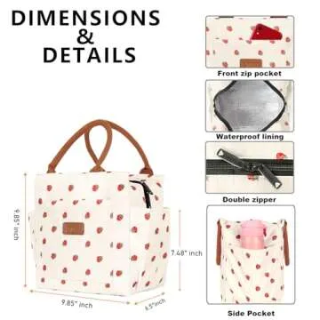 Joymee Lunch Bag Women Insulated Lunch Box Reusable Leakproof Large Spacious Cooler Tote for Women Men Adult with Bottle Holder and Side Pockets for Work Office Travel Picnic - Strawberry