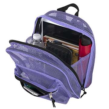 Mini Mesh Backpack for Women, Men, Beach Toys, Pool, and Swimming Gear; Mini Transparent Backpacks with Padded Straps (Purple)