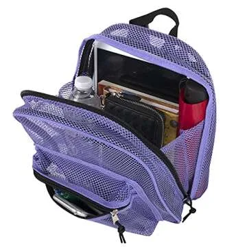 Mini Mesh Backpack for Women, Men, Beach Toys, Pool, and Swimming Gear; Mini Transparent Backpacks with Padded Straps (Purple)