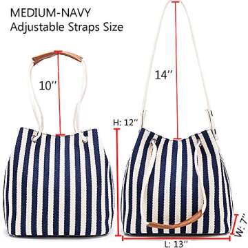 Bydenwely Women's Tote Bag Medium Canvas Shoulder Bag Daily Working Handbag with Concise Striped Pattern (Navy)