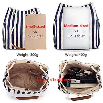 Bydenwely Women's Tote Bag Medium Canvas Shoulder Bag Daily Working Handbag with Concise Striped Pattern (Navy)