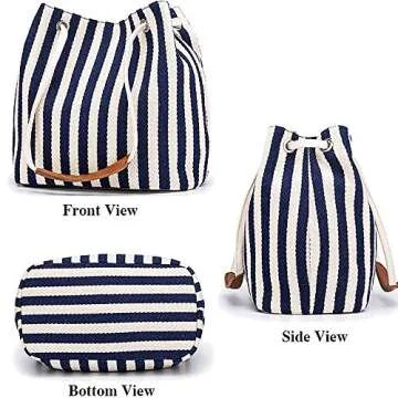 Bydenwely Women's Tote Bag Medium Canvas Shoulder Bag Daily Working Handbag with Concise Striped Pattern (Navy)