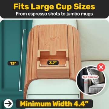 Bamboo Couch Cup Holder - Couch Arm Tray & Cup Holder for Drink & Snack, Couch Arm Table & Couch Armrest Tray with Couch Cup Holder Tray Table for Couch, Recliner, or Loveseat