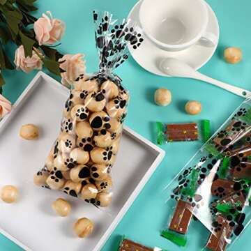 Blulu 100 Pieces Pet Paw Print Cone Cellophane Bags Heat Sealable Candy Bags Dog Paw Gift Bags Cat Treat Bags with 100 Pieces Silver Twist Ties for Pet Treat Party Favor