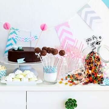 Blulu 100 Pieces Pet Paw Print Cone Cellophane Bags Heat Sealable Candy Bags Dog Paw Gift Bags Cat Treat Bags with 100 Pieces Silver Twist Ties for Pet Treat Party Favor