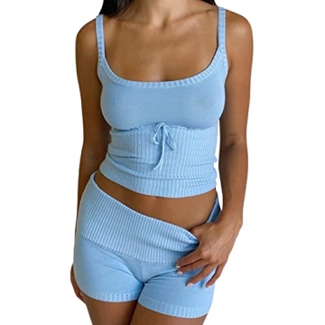 RUEWEY Women's Knitted Pajamas Set - Sleeveless Square Neck Camisole & Elastic Waist Shorts