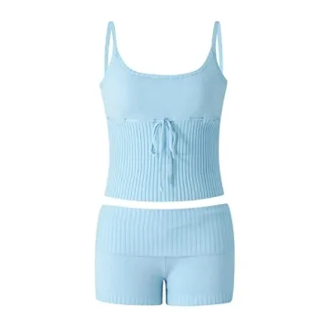 RUEWEY Women's Knitted Pajamas Set Sleeveless Comfort