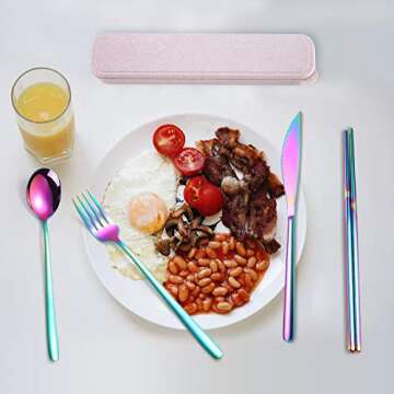 AARAINBOW 6 Pieces 18/8 Stainless Steel Flatware Set Portable Reusable Cutlery Set Travel Utensils Set Including Chopsticks Knife Fork Spoon Straws Cleaning Brush Dishwasher Safe (Multicolored)