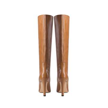 MODENCOCO Women's Brown High Heel Block Leather Slip On Knee High Matte Pointed Toe 4 Inch Boots Size 8 - Zapatos de Tacon para Mujer