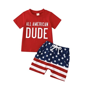 4th of July Baby Boy Outfit Short Sleeve T-shirt Top Stars and Stripes Shorts Set Independence Day C...