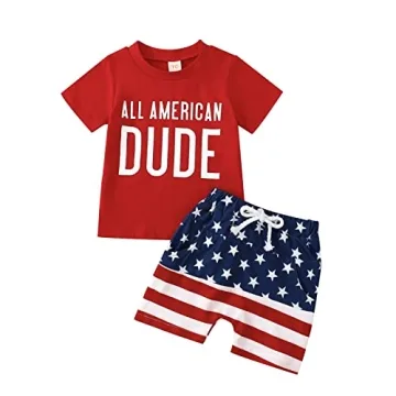 4th of July Baby Boy Outfit Short Sleeve T-shirt Top Stars and Stripes Shorts Set Independence Day C...