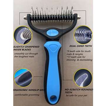 Thstheaven Pet Grooming Brush & Nail Clippers Trimmers - Double Sided Shedding and Dematting Undercoat Rake Comb for Dogs and Cats - Safe Dematting Comb for Easy Mats & Tangles Removing (Blue), Large