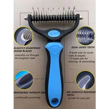 Thstheaven Pet Grooming Brush & Nail Clippers Trimmers - Double Sided Shedding and Dematting Undercoat Rake Comb for Dogs and Cats - Safe Dematting Comb for Easy Mats & Tangles Removing (Blue), Large