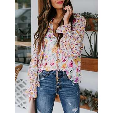 Dokotoo Womens 2024 Fashion Plus Size Floral Printed V Neck Tie Top Boho Long Sleeve Button Down Blo...