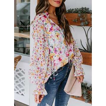 Dokotoo Womens 2024 Fashion Plus Size Floral Printed V Neck Tie Top Boho Long Sleeve Button Down Blouses Juniors Loose Chiffon Shirts Large Pink