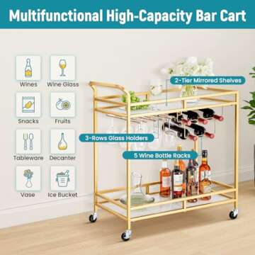 YORKING 2-Tier Bar Cart, Gold Wine Cart with MDF Shelves, Home Bar Serving Cart with Wine Rack and Heavy Duty Lockable Wheels, Guard Rails, Drink Cart for Living Room, Kitchen, Party