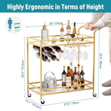 YORKING 2-Tier Bar Cart, Gold Wine Cart with MDF Shelves, Home Bar Serving Cart with Wine Rack and Heavy Duty Lockable Wheels, Guard Rails, Drink Cart for Living Room, Kitchen, Party