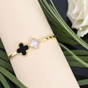 FLY FENCE 18K Gold Plated Four Leaf Clover Bracelet for Women. Trendy Clover Women's Gold Bracelet. ...