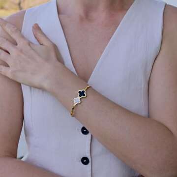 FLY FENCE 18K Gold Plated Four Leaf Clover Bracelet for Women. Trendy Clover Women's Gold Bracelet. Best Clover Bracelet Jewelry Gift for Women. (GOLD)