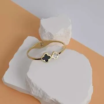 FLY FENCE 18K Gold Plated Four Leaf Clover Bracelet for Women. Trendy Clover Women's Gold Bracelet. Best Clover Bracelet Jewelry Gift for Women. (GOLD)