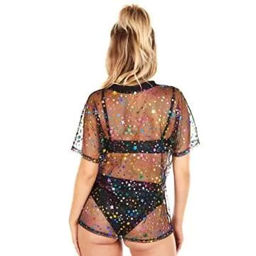 iHeartRaves Mystical Gaze Mesh Top Women Oversized Sheer Tee Shirt for Raves and Music Festivals (Black, X-Small)