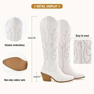 TINSTREE White Cowboy Boots Women,Mid Calf Knee High Cowboy Boots Embroidered Floral Medium Foot Calf Western Boots Chunky Booties for Women with Heel Comfortable Tall Boots White,07