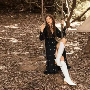 TINSTREE White Cowboy Boots Women,Mid Calf Knee High Cowboy Boots Embroidered Floral Medium Foot Calf Western Boots Chunky Booties for Women with Heel Comfortable Tall Boots White,07