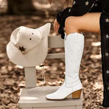 TINSTREE White Cowboy Boots Women,Mid Calf Knee High Cowboy Boots Embroidered Floral Medium Foot Calf Western Boots Chunky Booties for Women with Heel Comfortable Tall Boots White,07