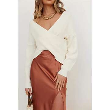 ZCSIA Women's Wrap V Neck Cropped Sweaters 2024 Fall Long Sleeve Cross Front Off Shoulder Solid Knitted Pullover Tops,Beige,Small