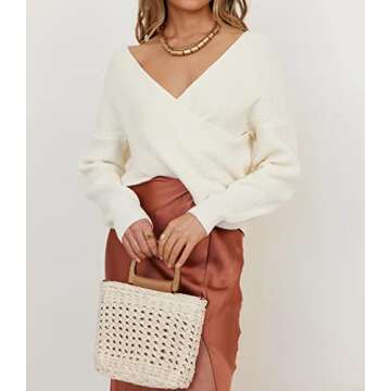 ZCSIA Women's Wrap V Neck Cropped Sweaters 2024 Fall Long Sleeve Cross Front Off Shoulder Solid Knitted Pullover Tops,Beige,Small
