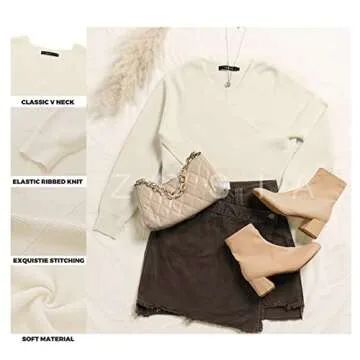 ZCSIA Women's Wrap V Neck Cropped Sweaters 2024 Fall Long Sleeve Cross Front Off Shoulder Solid Knitted Pullover Tops,Beige,Small
