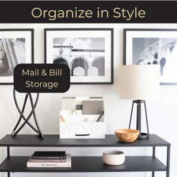 Mail Organizer Countertop Kitchen - White Wood Desk Organizer Storage with Drawer - Mail Sorter Organizer or Bill Organizer for Desk - Farmhouse Desk Organizer Accessories - Mail Basket for Counter