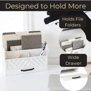 Mail Organizer Countertop Kitchen - White Wood Desk Organizer Storage with Drawer - Mail Sorter Organizer or Bill Organizer for Desk - Farmhouse Desk Organizer Accessories - Mail Basket for Counter