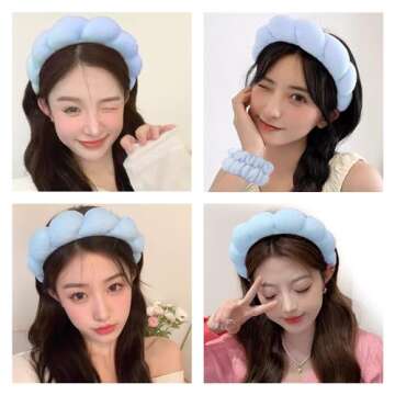 Spa Headbands for Washing Face Wristband Set Sponge Makeup Skincare Headband Wrist Towels Bubble Soft Terry Towel Cloth Hairband for Women Puffy Headwear Non Slip Thick Thin Hair Headwear (Blue)