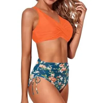 Aqua Eve Women High Waisted Bikini Twist Front Swimsuits Lace up Bikini Tops Ruched Push up 2 Piece Bathing Suits Orange Floral M